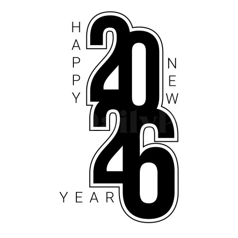 2026 Outline Black New Year PNG