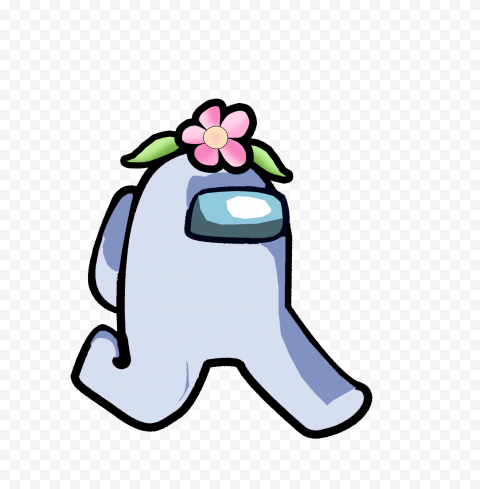 No Background White Among Us Character Walking With Flower Hat PNG 